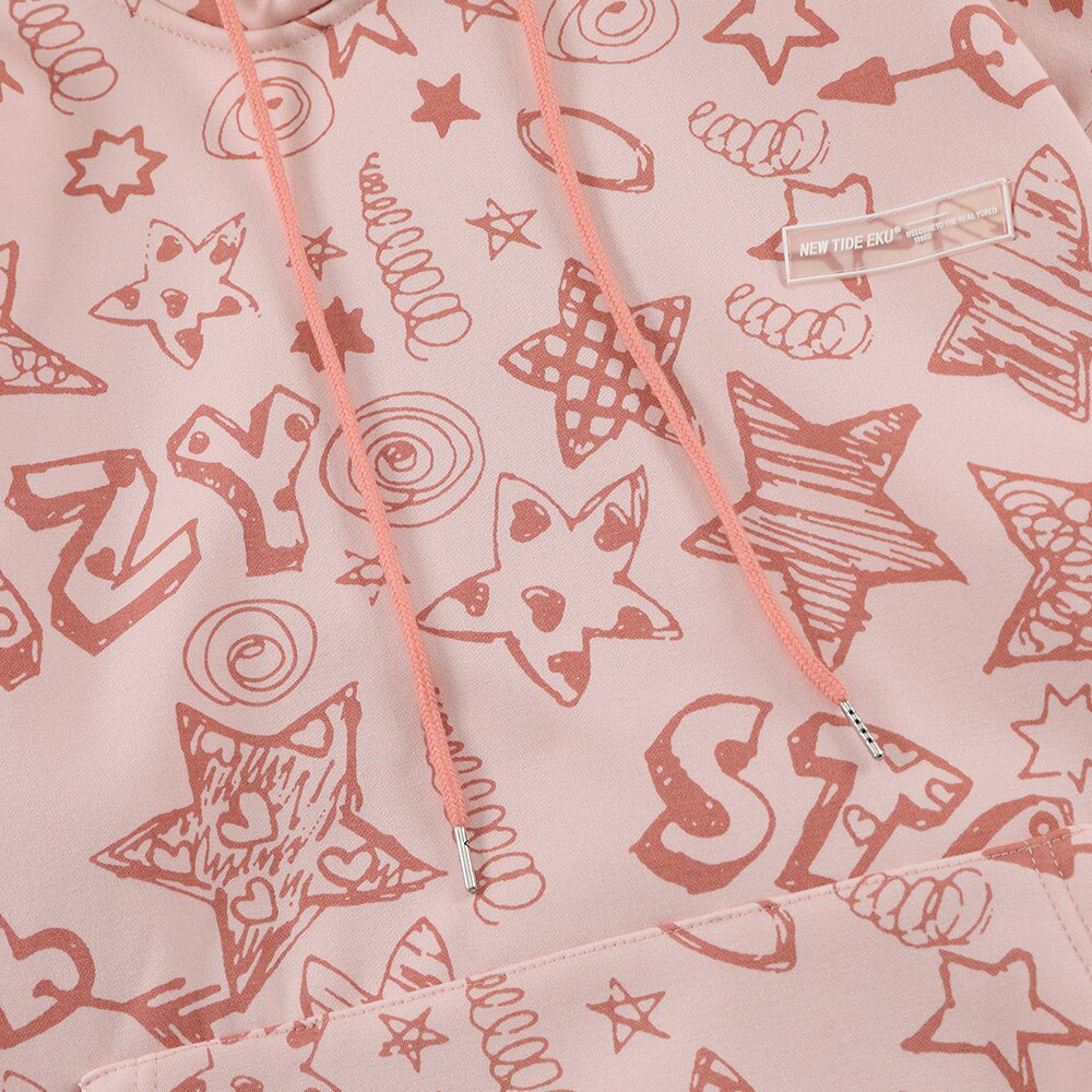 Hoodie Men Cute Funny Letter Star Graffiti Fleece Pullovers College Style All-match Casual Loose Tops Streetwear Couple
