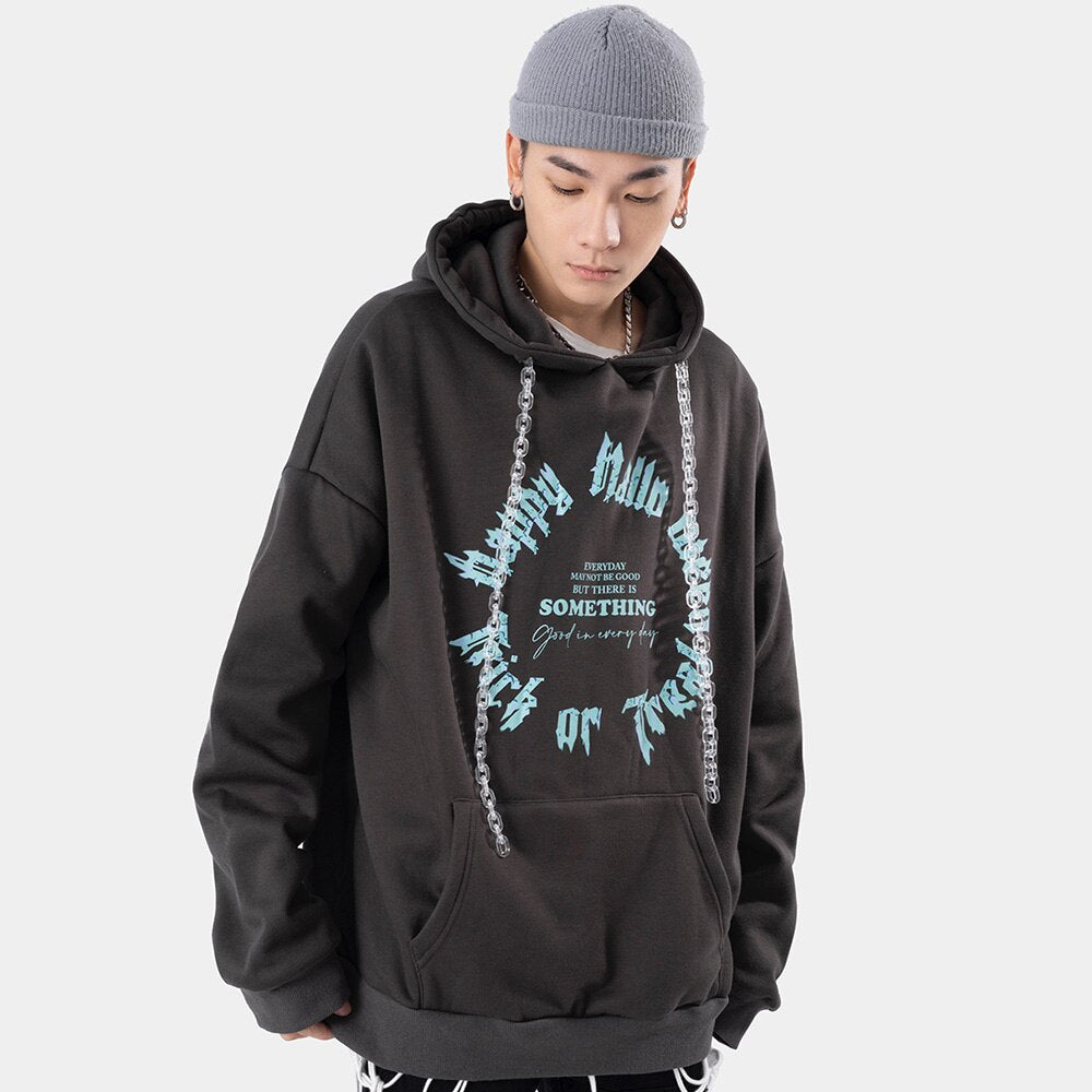 Hoodie Men Harajuku Letter Fleece Warm Pullover Vintage Punk Hipster Distressed Tops Casual Fashion Oversize Streetwear