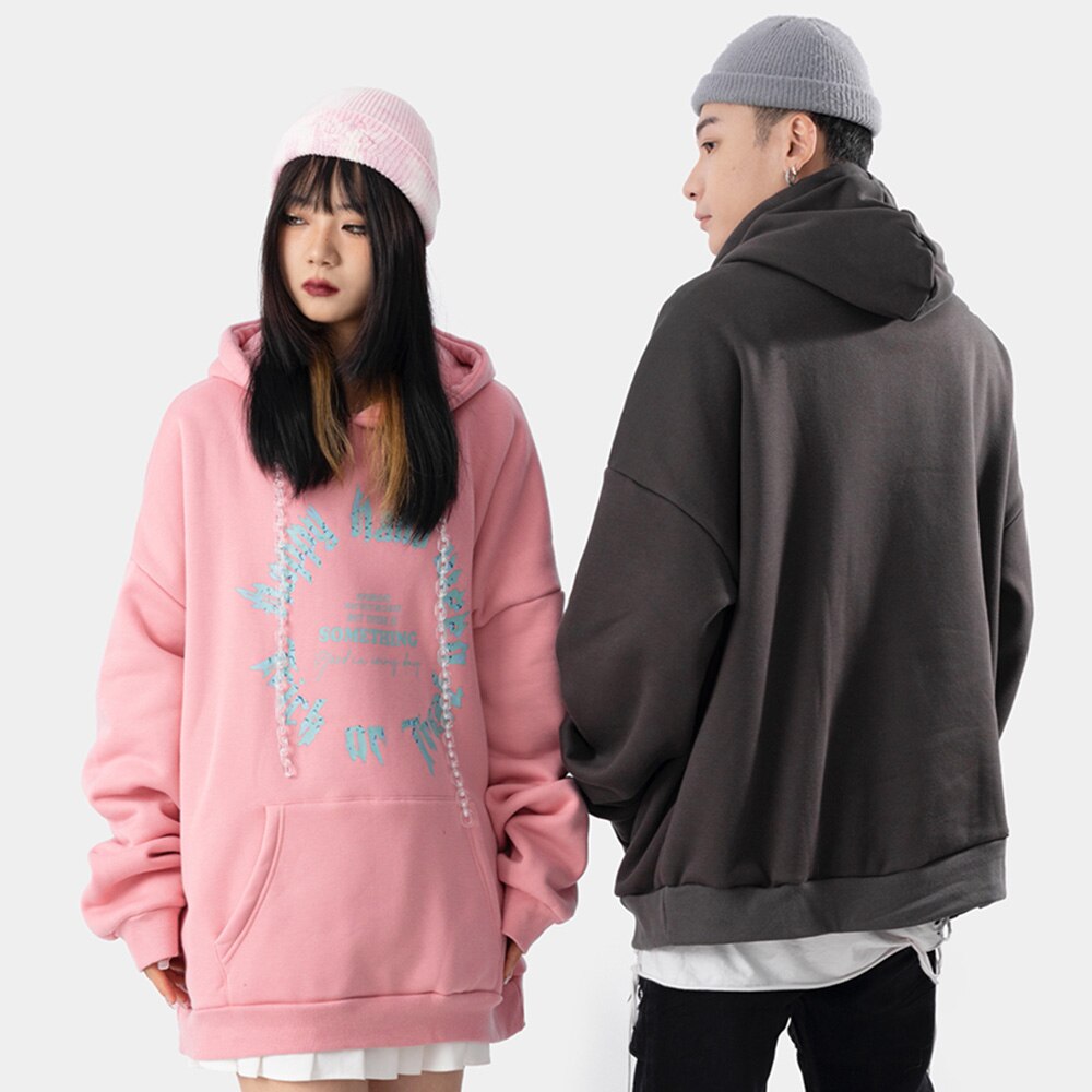 Hoodie Men Harajuku Letter Fleece Warm Pullover Vintage Punk Hipster Distressed Tops Casual Fashion Oversize Streetwear