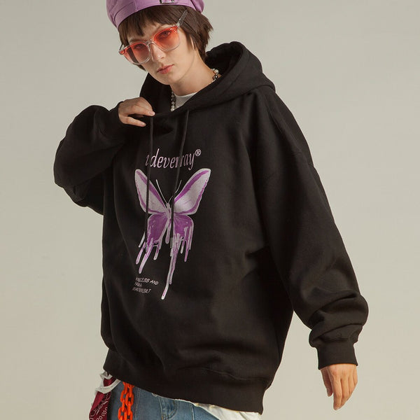 Hoodie Men Purple Gradient Butterfly Letter Printed Pullover Winter Oversize Hip Hop Fashion Harajuku Sweatshirt Winter