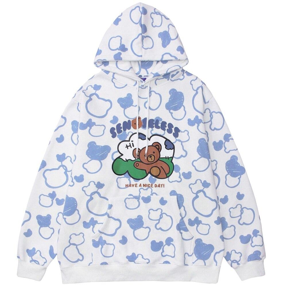 Hoodies Men Cute Bear Harajuku Letter Big Pockets Fleece Pullovers Hipster High Street Tops Oversize Couple Streetwear