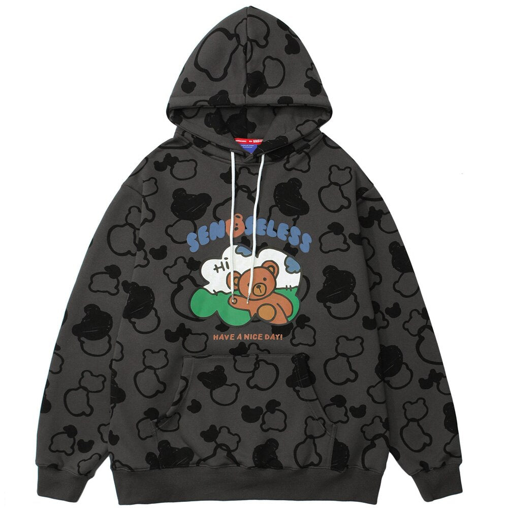 Hoodies Men Cute Bear Harajuku Letter Big Pockets Fleece Pullovers Hipster High Street Tops Oversize Couple Streetwear