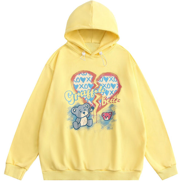 Hoodie Men Ripped Heart Graffiti Bear Print Pullover Loose Drawstring Hooded Cartoon Harajuku Hip Hop Streetwear Couple