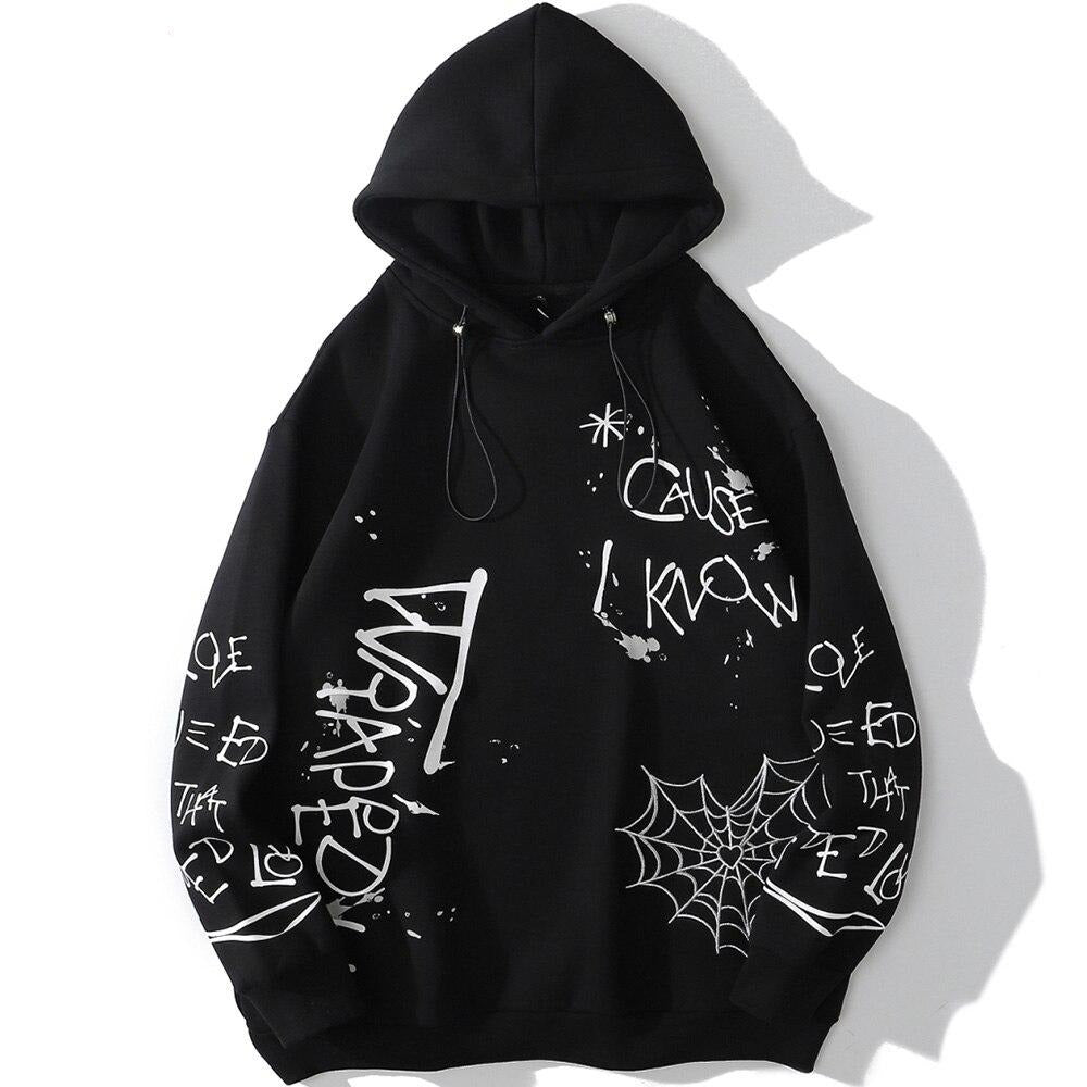 Hoodie Men Harajuku Letter Inkjet Heart-shaped Net Print Pullovers Hipster Casual Retro Varsity Hip Hop Tops Streetwear