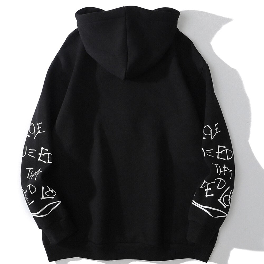 Hoodie Men Harajuku Letter Inkjet Heart-shaped Net Print Pullovers Hipster Casual Retro Varsity Hip Hop Tops Streetwear