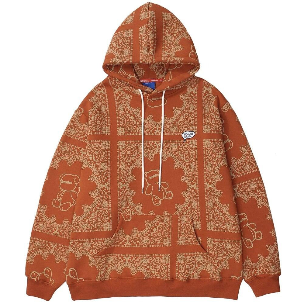 Hoodies Men Vintage Totems Cute Bear Print Fleece Hooded Sweatshirts High Street Fashion Hipster Couple Cozy Streetwear