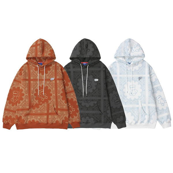 Hoodies Men Vintage Totems Cute Bear Print Fleece Hooded Sweatshirts High Street Fashion Hipster Couple Cozy Streetwear