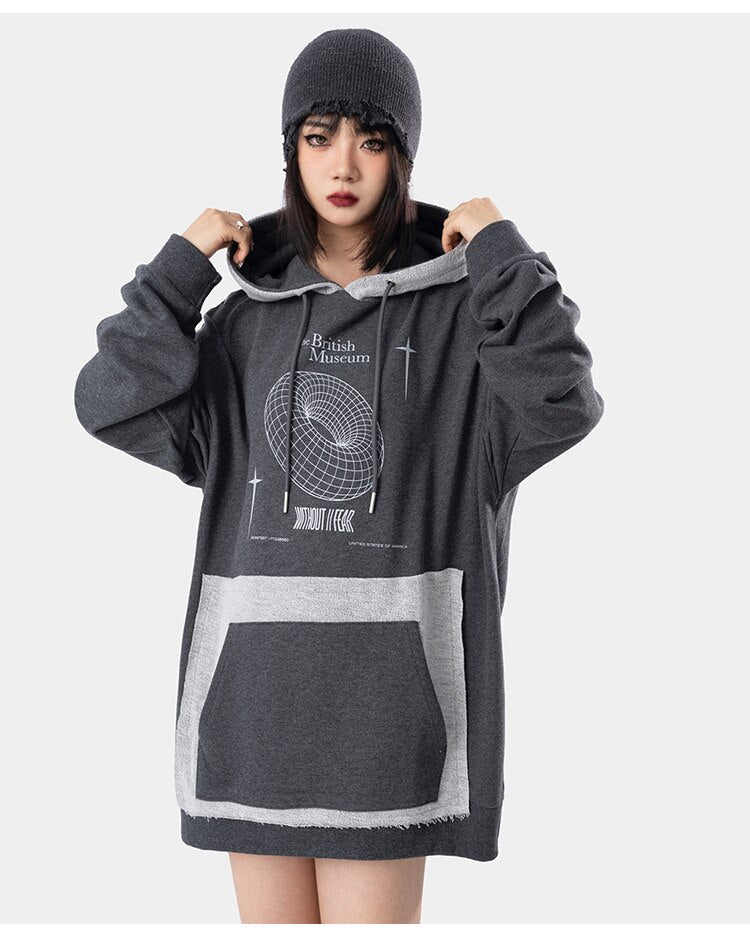Hoodie Men Hit Color Patches Big Pocket Pullovers Loose Retro Distressed Punk Hipster High Street Sweatshirt Streetwear