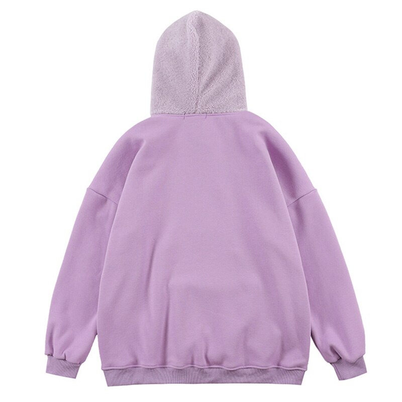 Hoodie Men Furry Patchwork Big Pockets Letter Graphic  Embroidery Hooded Pullovers Casual Youthful Vitality Tops Couple