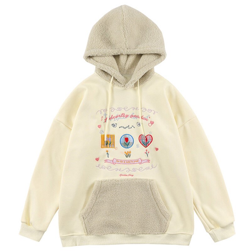 Hoodie Men Furry Patchwork Big Pockets Letter Graphic  Embroidery Hooded Pullovers Casual Youthful Vitality Tops Couple