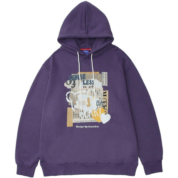 Hoodie Men Kanji Letter Picture Patchwork Hooded Pullover Couple High Street College Style Sweatshirt Autumn Streetwear