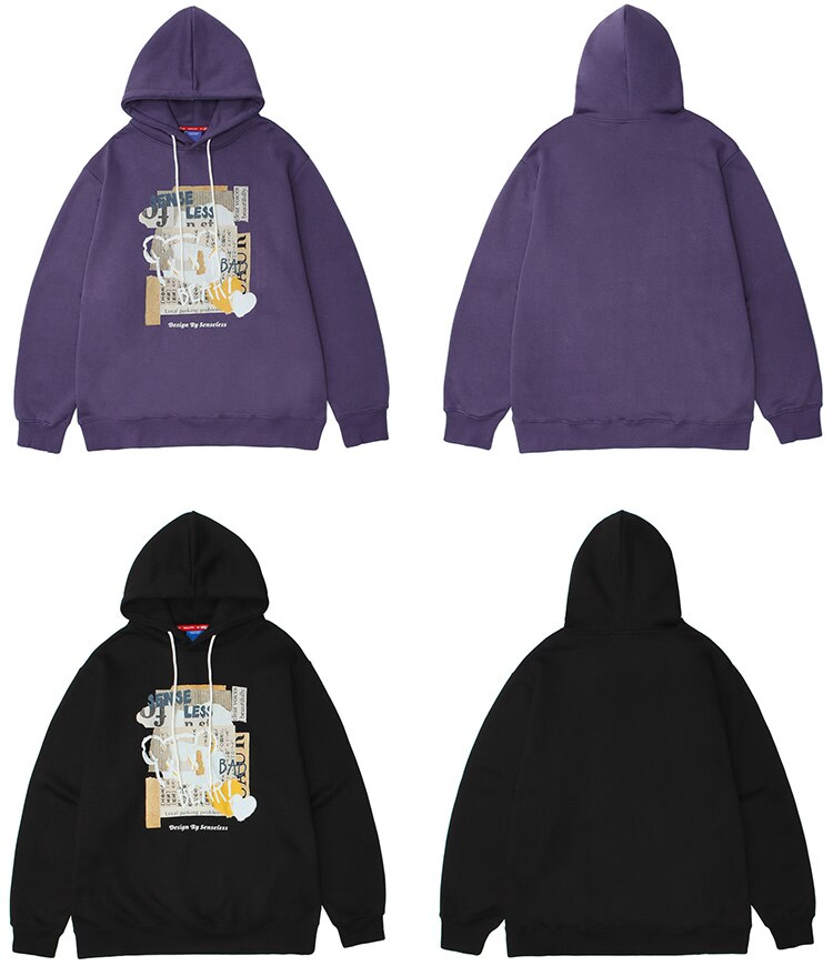Hoodie Men Kanji Letter Picture Patchwork Hooded Pullover Couple High Street College Style Sweatshirt Autumn Streetwear