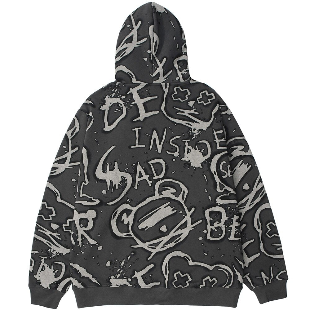 Hoodie Men Harajuku Graffiti Letter Fleece Pullovers Hipster College Style Japanese Retro Casual Tops Couple Streetwear