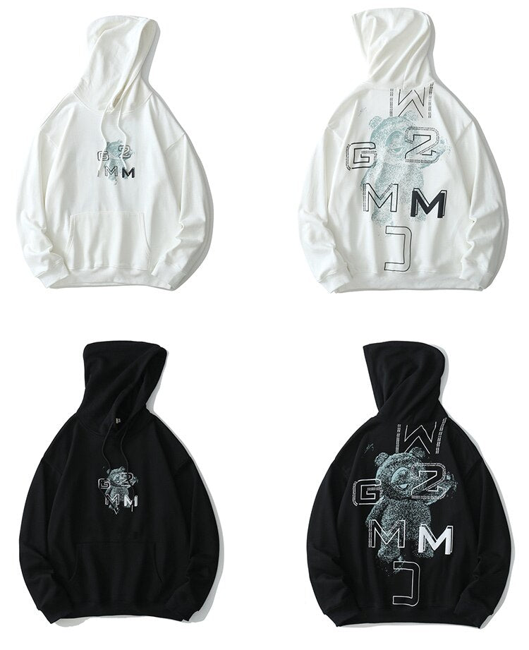 Hoodies Men Fluorescence Bear Inkjet Letter Print Hooded Sweatshirts High Street Fashion Hipster Couple Cozy Streetwear