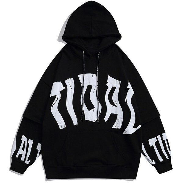 Fake 2 Pieces Hoodie Men Letter Print Big Pockets Casual Loose High Street Fashion All-match Hooded Pullover Streetwear