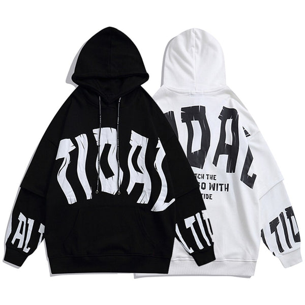 Fake 2 Pieces Hoodie Men Letter Print Big Pockets Casual Loose High Street Fashion All-match Hooded Pullover Streetwear