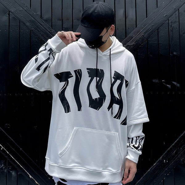 Fake 2 Pieces Hoodie Men Letter Print Big Pockets Casual Loose High Street Fashion All-match Hooded Pullover Streetwear