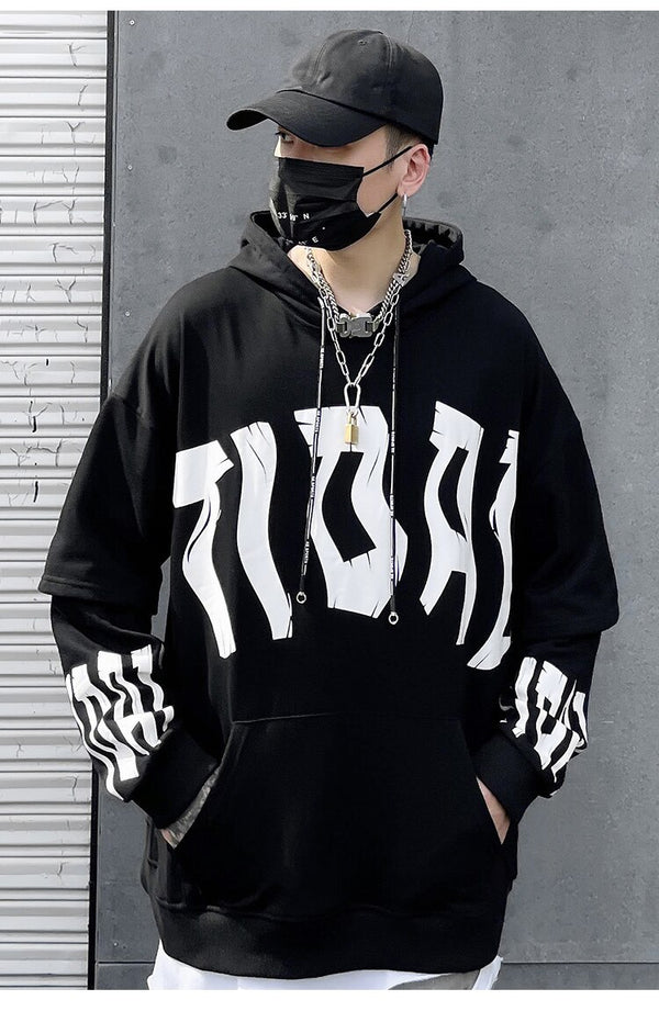 Fake 2 Pieces Hoodie Men Letter Print Big Pockets Casual Loose High Street Fashion All-match Hooded Pullover Streetwear