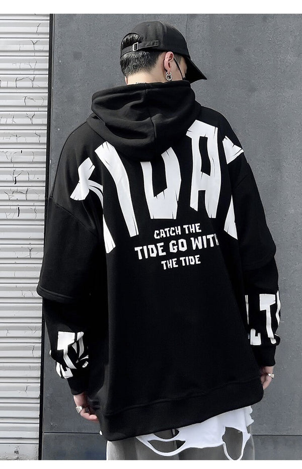 Fake 2 Pieces Hoodie Men Letter Print Big Pockets Casual Loose High Street Fashion All-match Hooded Pullover Streetwear