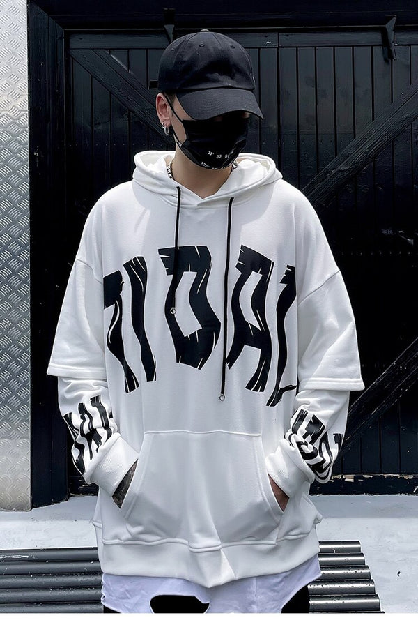 Fake 2 Pieces Hoodie Men Letter Print Big Pockets Casual Loose High Street Fashion All-match Hooded Pullover Streetwear