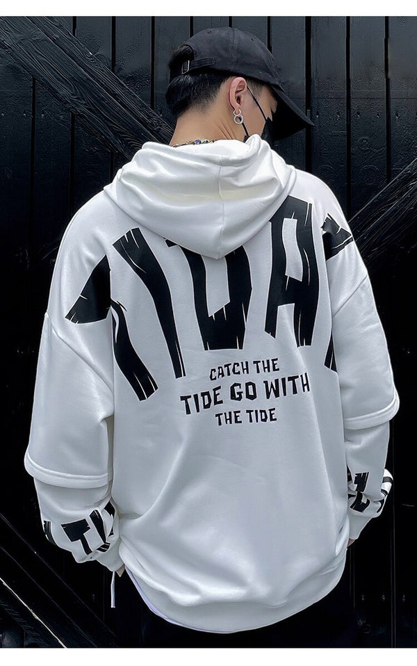 Fake 2 Pieces Hoodie Men Letter Print Big Pockets Casual Loose High Street Fashion All-match Hooded Pullover Streetwear