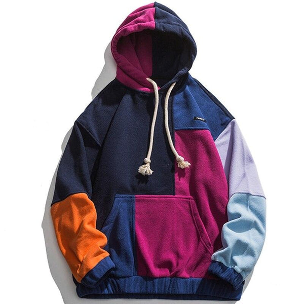 Hoodie Men Color Block Patchwork Graphic Embroidery Pullovers Soft Warm Japanese Retro Fashion Casual Couple Streetwear