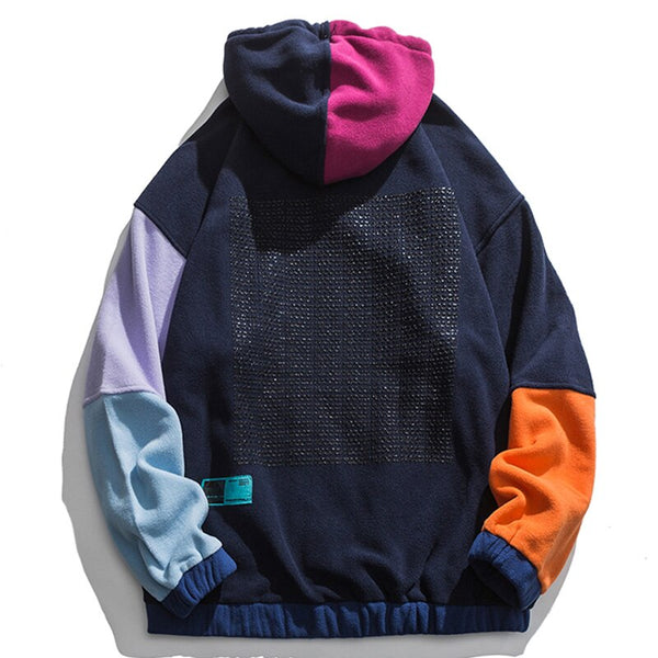 Hoodie Men Color Block Patchwork Graphic Embroidery Pullovers Soft Warm Japanese Retro Fashion Casual Couple Streetwear