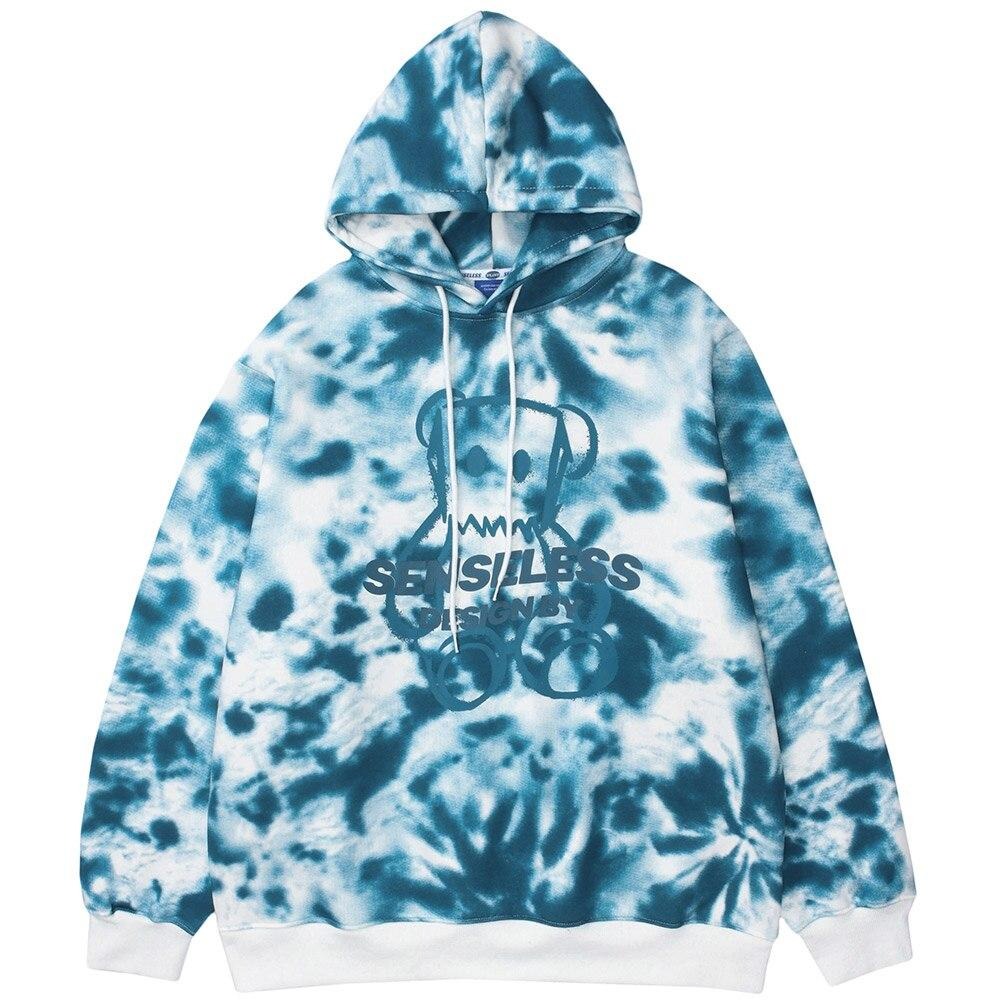 Hoodie Men Tie Dye Cute Bear Letter Print Fleece Hooded Sweatshirt High Street Fashion Hipster Couple Casual Streetwear
