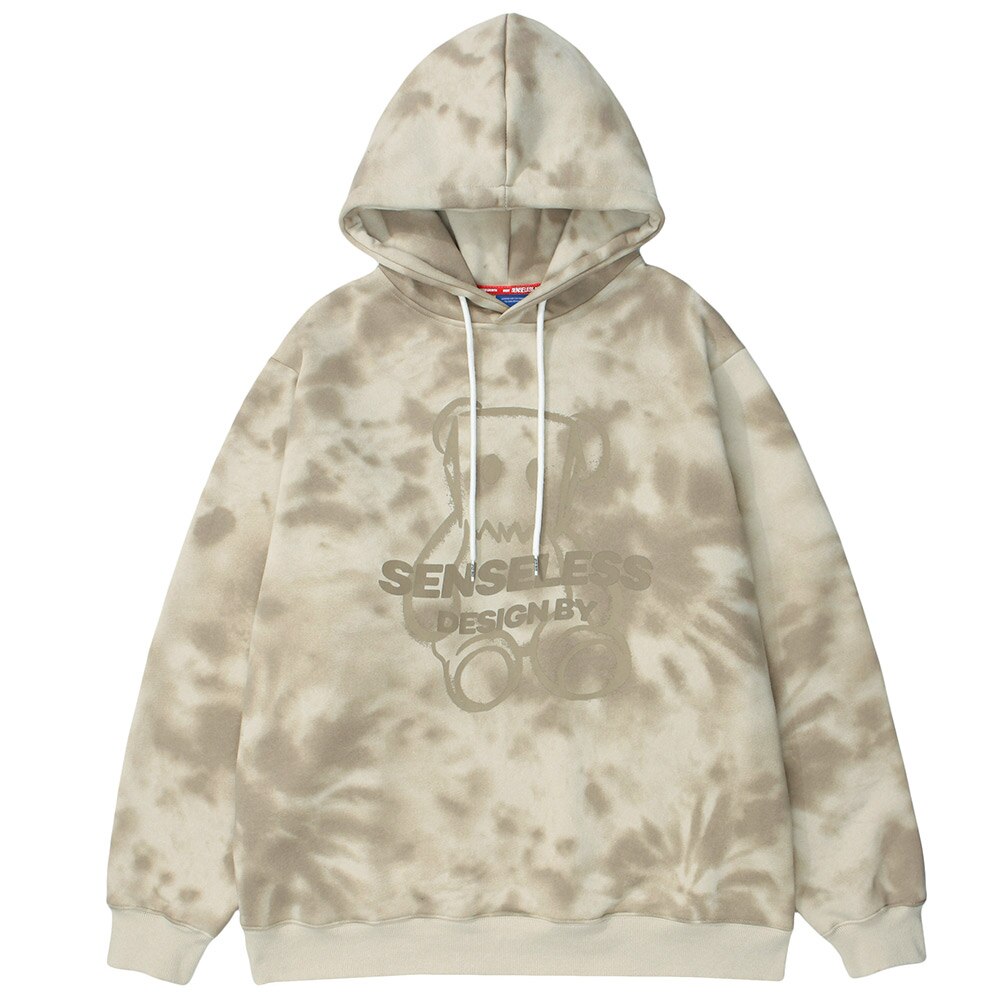 Hoodie Men Tie Dye Cute Bear Letter Print Fleece Hooded Sweatshirt High Street Fashion Hipster Couple Casual Streetwear