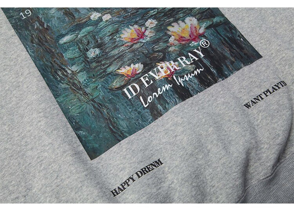 Hoodie Men Harajuku Lotus Painting Print Hooded Pullover Couple Casual Fashion Oversized Sweatshirt Men Clothing Winter