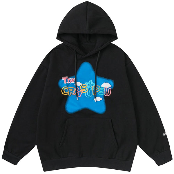 Hoodie Men Colorful Letter Star-shaped Fleece Pullover College Style All-match Casual Loose Cozy Tops Streetwear Couple