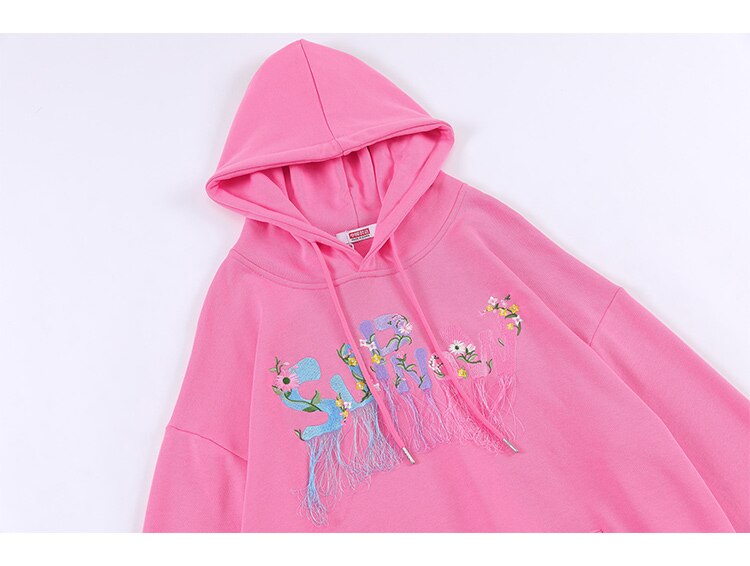 Hoodie Men Flowers Embroidery Tassel Hooded Pullover Autumn Casual Baggy Hip Hop Harajuku Sweatshirts Couple Streetwear