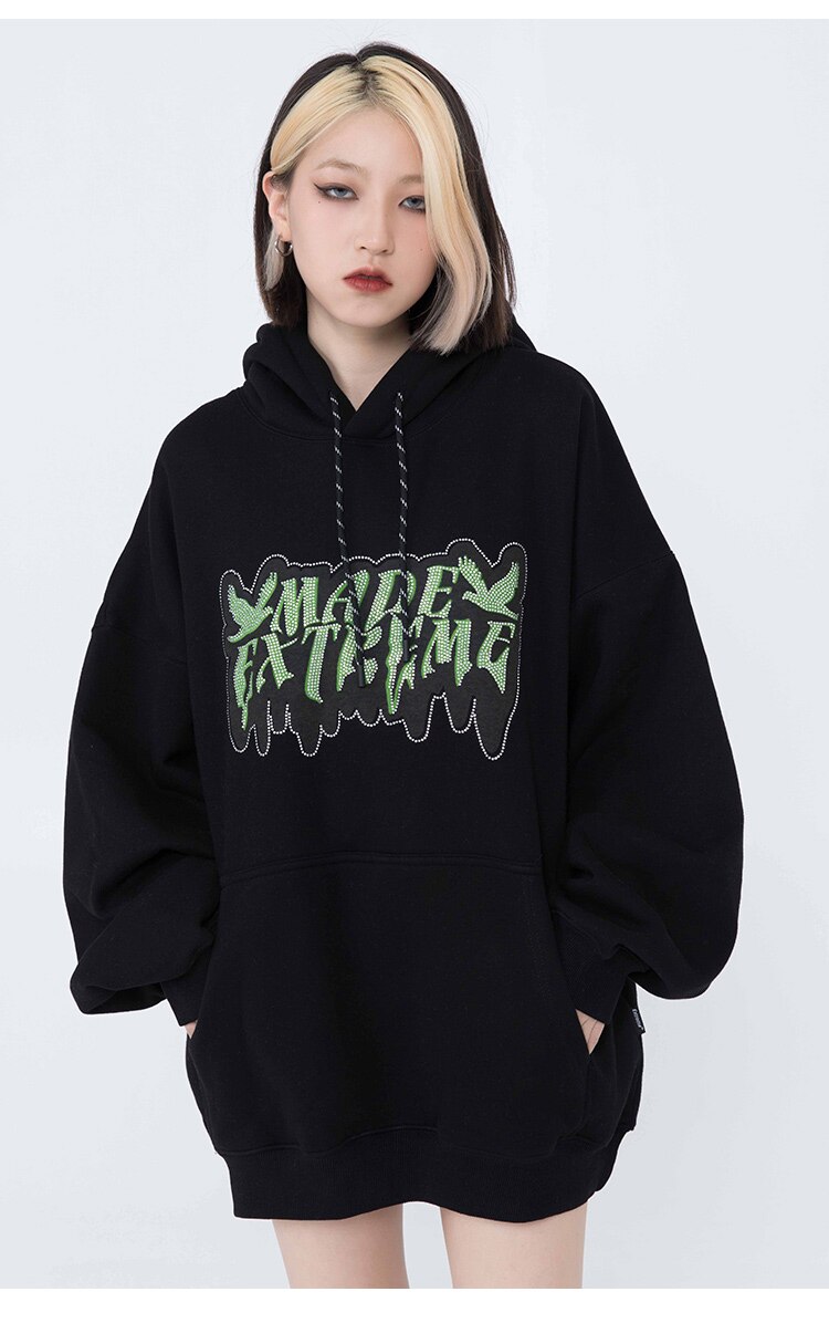 Hoodie Men Diamond Letter Print Big Pocket 3 Color Optional Couple Oversize All-match Hooded Pullover Autumn Streetwear