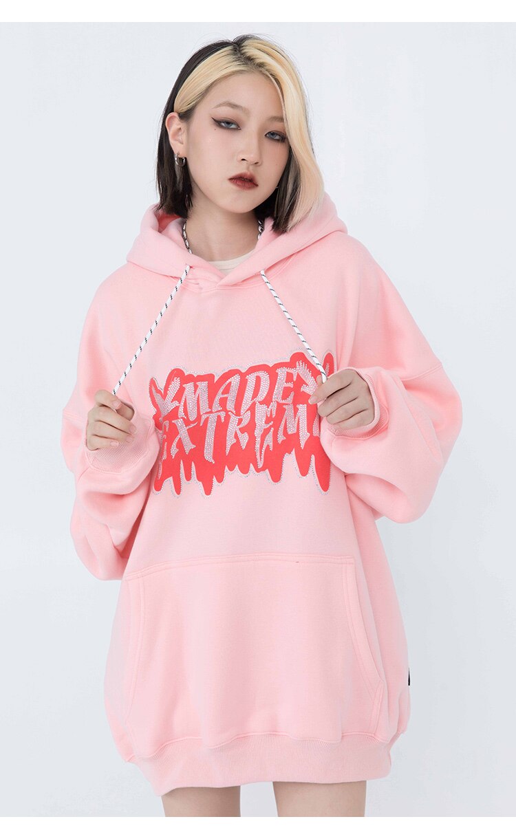 Hoodie Men Diamond Letter Print Big Pocket 3 Color Optional Couple Oversize All-match Hooded Pullover Autumn Streetwear