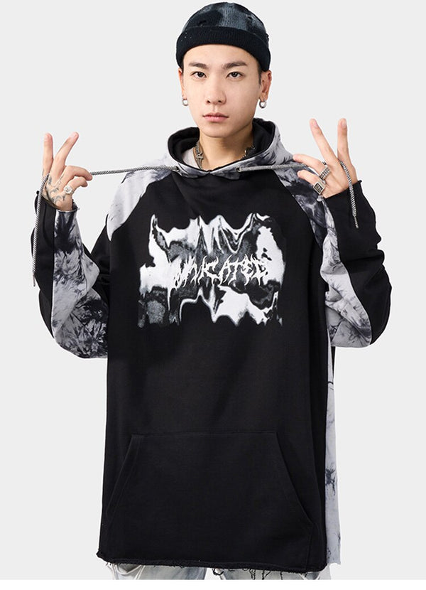 Punk Letter Tie Dye Printed Patchwork Hoodie Men Casual Hip Hop Hipster High Street Oversize Pullover Couple Streetwear
