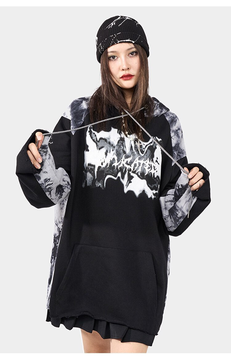 Punk Letter Tie Dye Printed Patchwork Hoodie Men Casual Hip Hop Hipster High Street Oversize Pullover Couple Streetwear