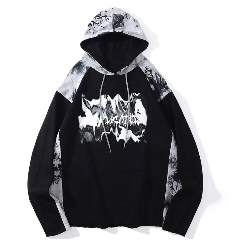 Punk Letter Tie Dye Printed Patchwork Hoodie Men Casual Hip Hop Hipster High Street Oversize Pullover Couple Streetwear