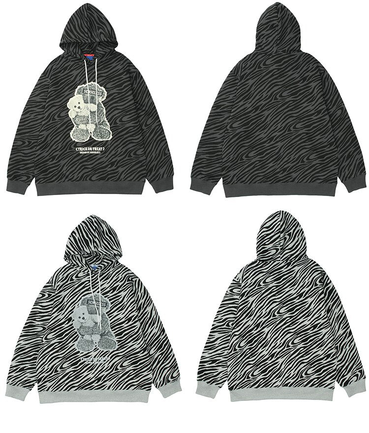 Zebra Striped Furry Cartoon Bear Printed Hoodie Men Vintage Fashion High Street Casual Baggy Pullover Couple Streetwear