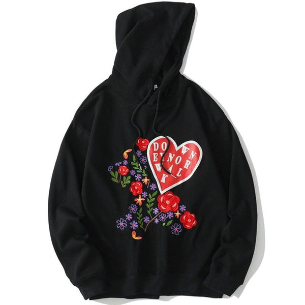 Hoodie Men Rose Flower Heart-shaped Embroidery Hooded Pullover Couple Oversize Cozy All-match Fashion Autumn Streetwear