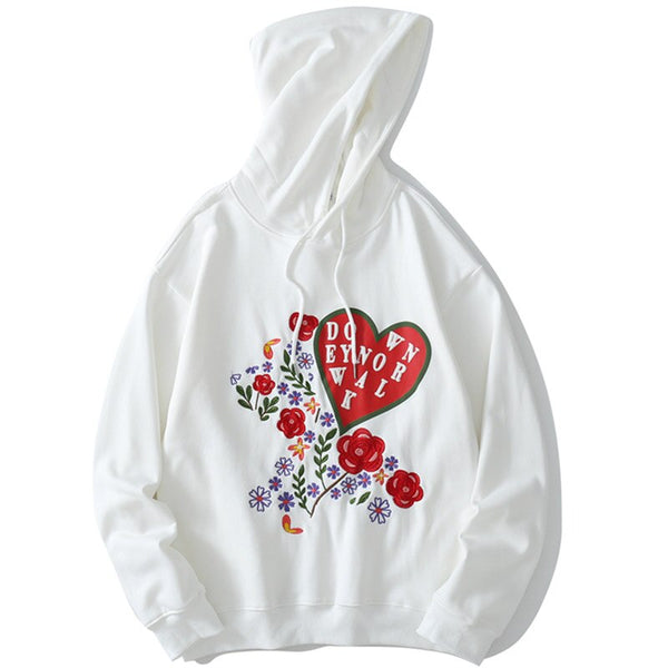 Hoodie Men Rose Flower Heart-shaped Embroidery Hooded Pullover Couple Oversize Cozy All-match Fashion Autumn Streetwear