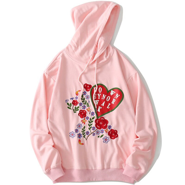 Hoodie Men Rose Flower Heart-shaped Embroidery Hooded Pullover Couple Oversize Cozy All-match Fashion Autumn Streetwear