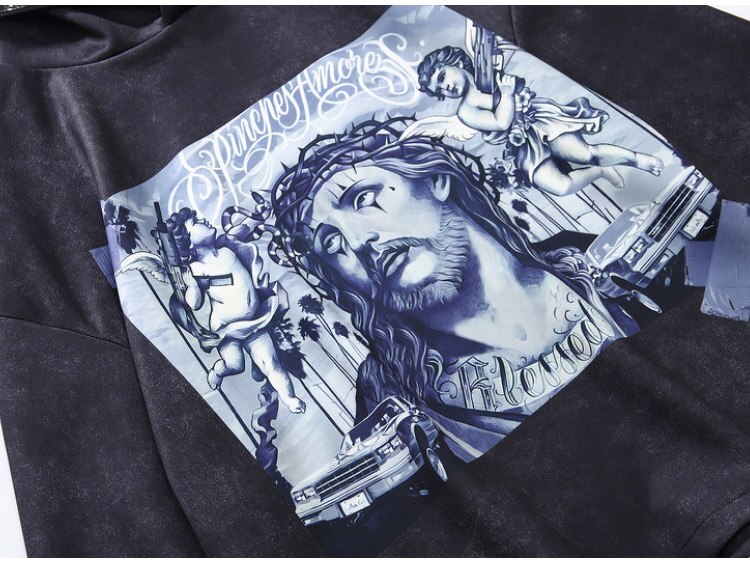 Hoodie Men Funny Angel Jesus Portrait Printed Hooded Sweatshirts Casual Baggy Vintage Fashion Punk High Street Pullover