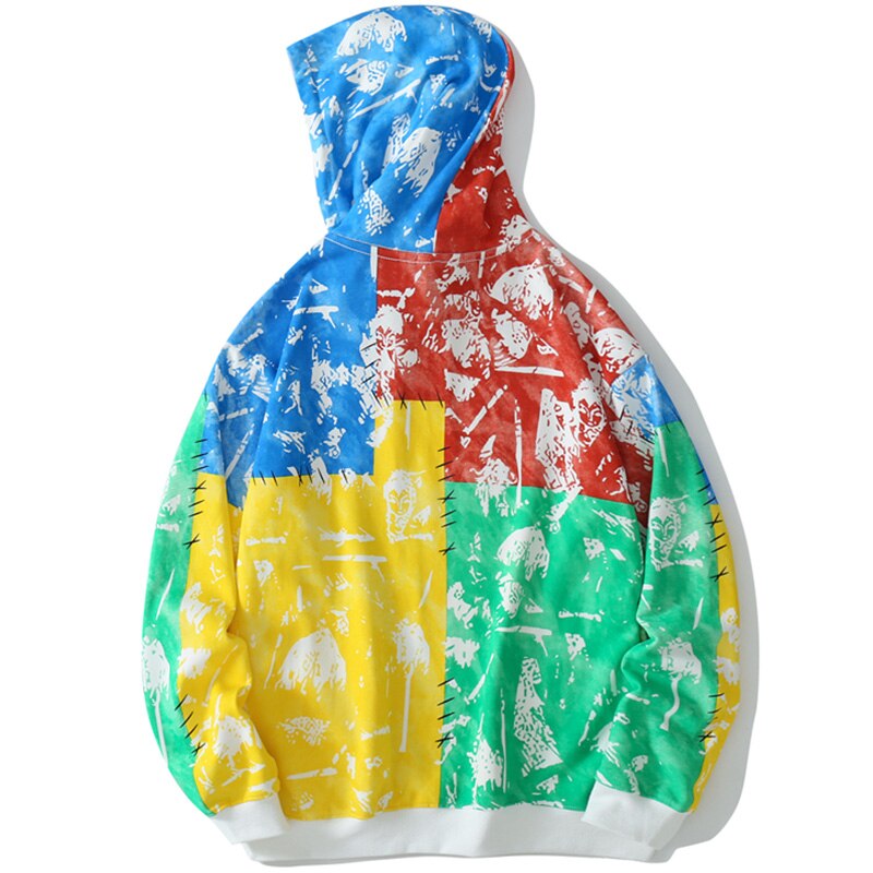 Hoodie Men Tie Dye 4 Color Block Pullover Hip Hop Hipster High Street Oversize Cozy Sweatshirt Couple Streetwear Autumn