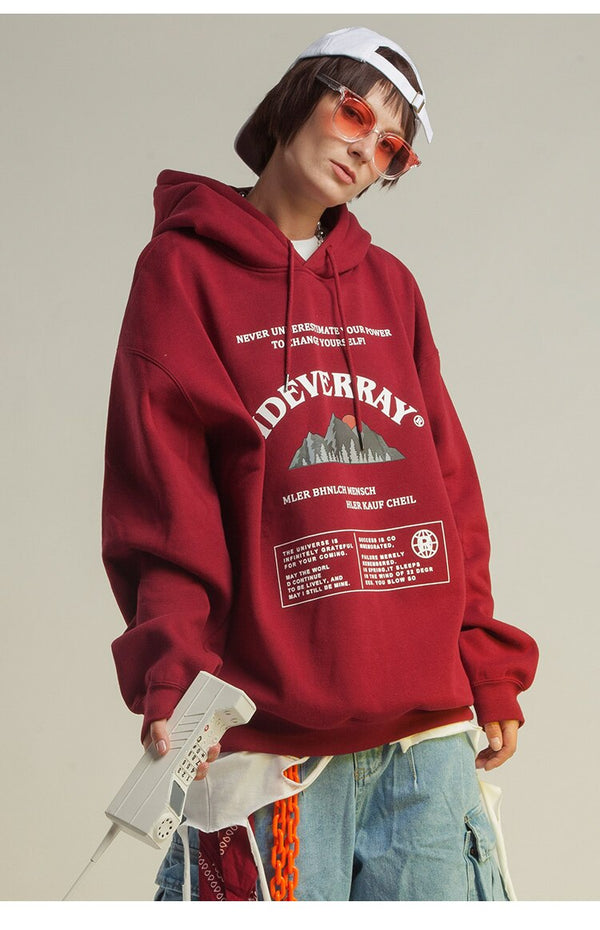 Hoodie Men Mountain Letter Printed Thick Pullover Couple Baggy Vintage High Street Fashion Sweatshirt Winter Streetwear