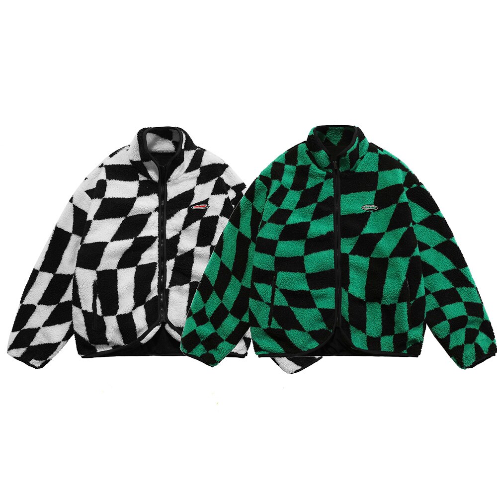 Lambswool Jacket Men Plaid Print Zipper Warm Coats Winter Soft Cozy High Street Fashion Simple Casual Oversized Outwear