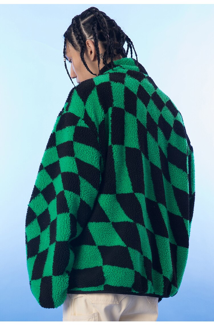 Lambswool Jacket Men Plaid Print Zipper Warm Coats Winter Soft Cozy High Street Fashion Simple Casual Oversized Outwear