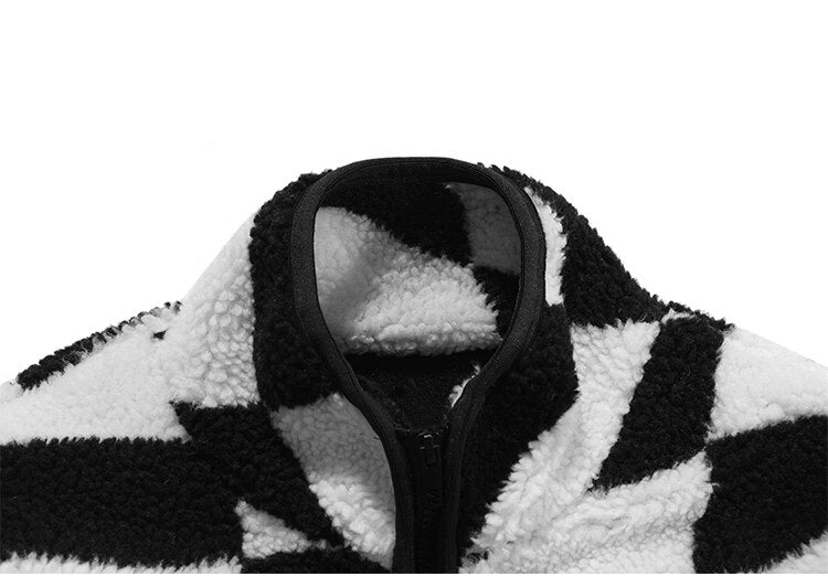 Lambswool Jacket Men Plaid Print Zipper Warm Coats Winter Soft Cozy High Street Fashion Simple Casual Oversized Outwear