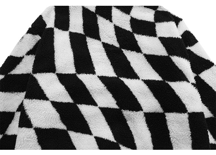 Lambswool Jacket Men Plaid Print Zipper Warm Coats Winter Soft Cozy High Street Fashion Simple Casual Oversized Outwear