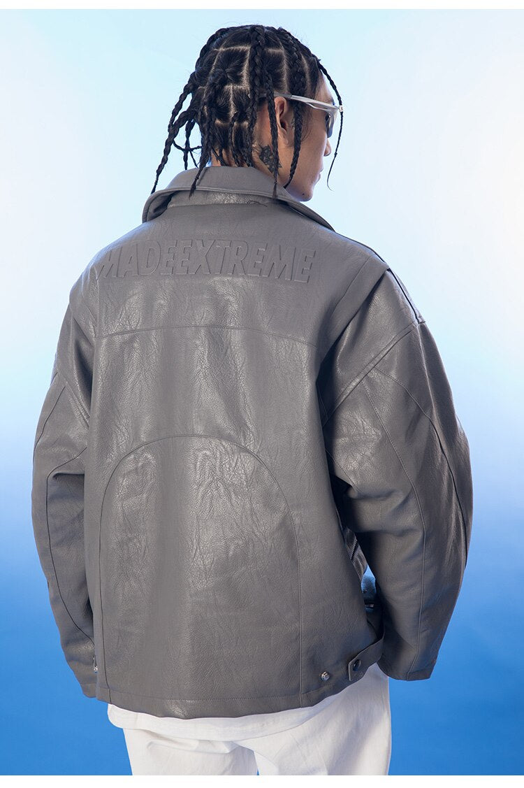 Thick Leather Parkas Men Letter Zipper Pockets Motorcycle Jacket Winter Men Loose Fashion Punk All-match Outwear Unisex