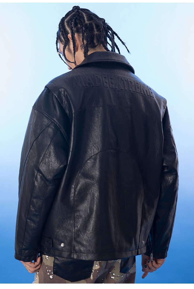 Thick Leather Parkas Men Letter Zipper Pockets Motorcycle Jacket Winter Men Loose Fashion Punk All-match Outwear Unisex